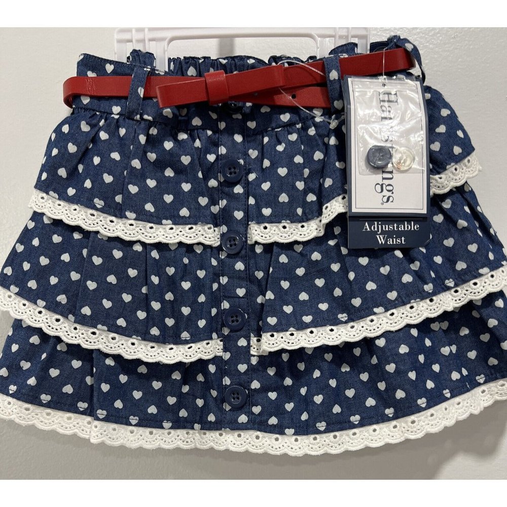 NWT HARTSTRINGS Blue Skirt with White Hearts and Red Belt Size 2T